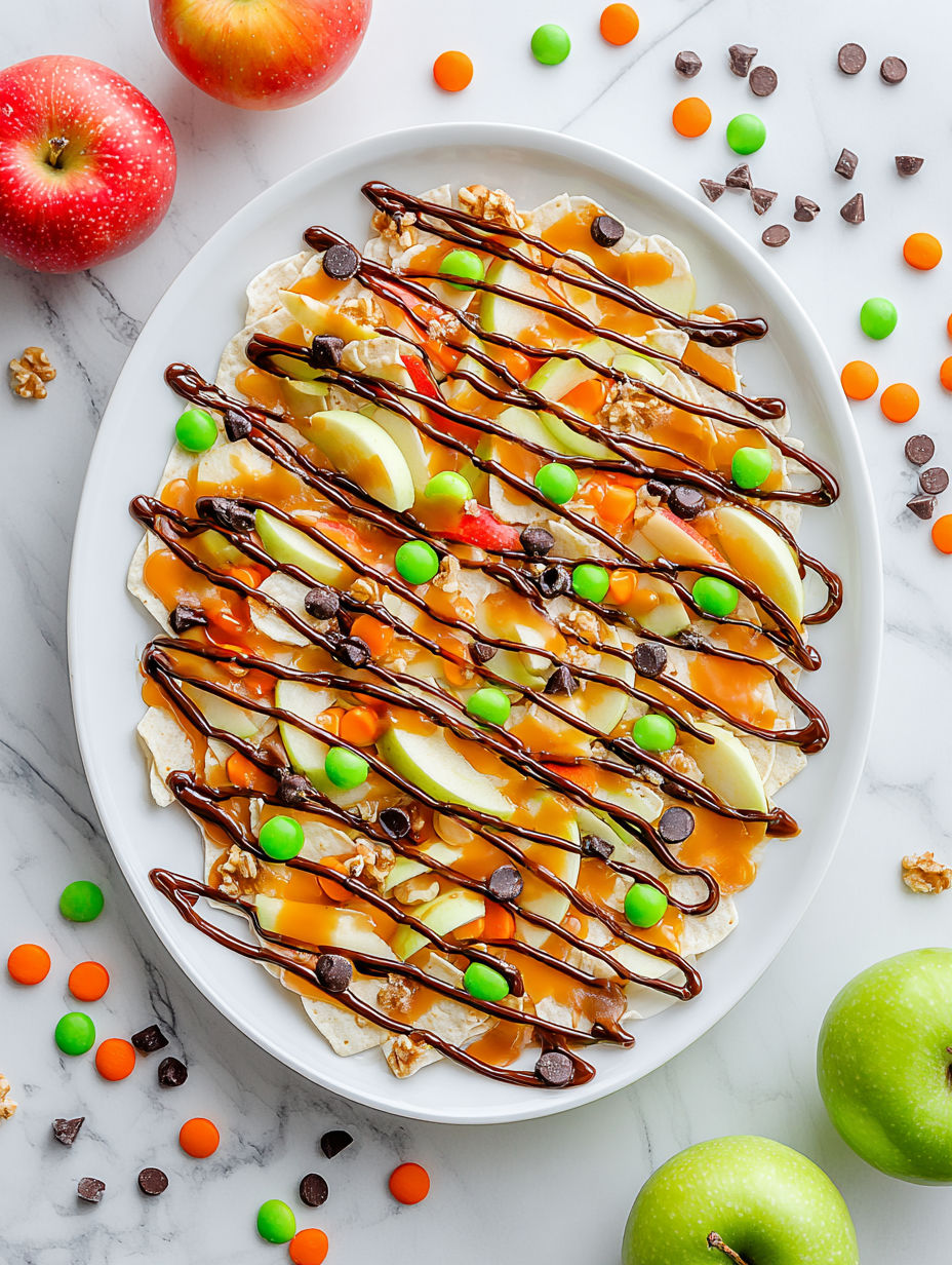 A plate of caramel apple nachos.