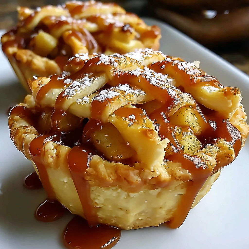 Two mini pies with caramel sauce and apple toppings.