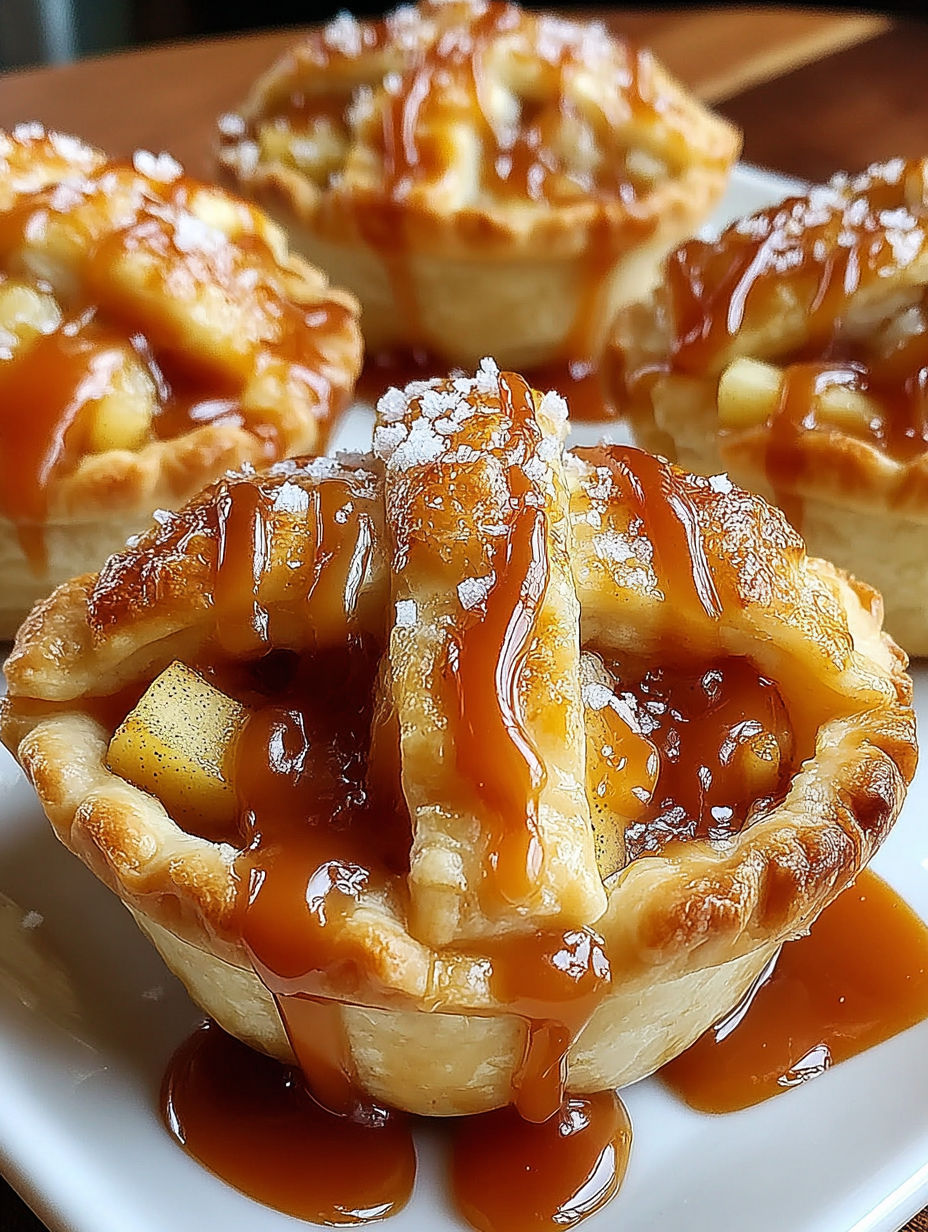 A plate of mini pies with caramel sauce drizzled over them.
