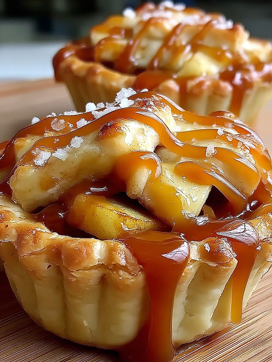 Two mini pies with caramel sauce and apple toppings.