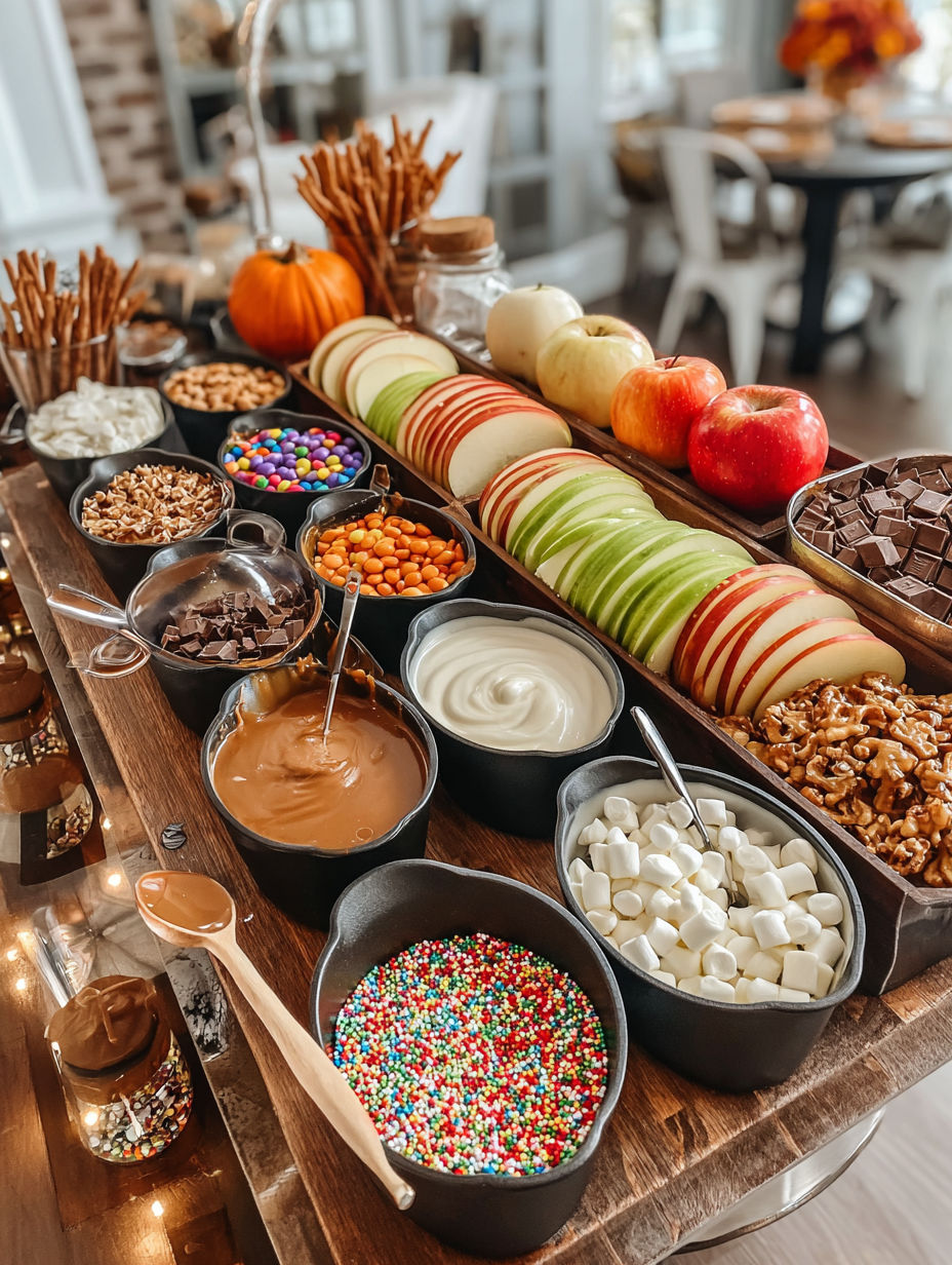 A wooden table with a variety of foods on it.