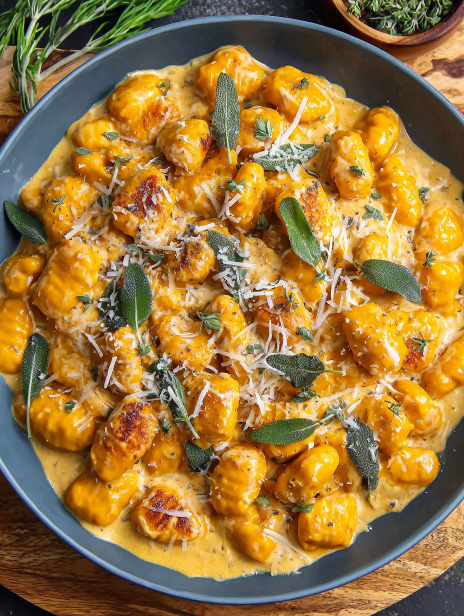 A bowl of creamy pumpkin gnocchi.