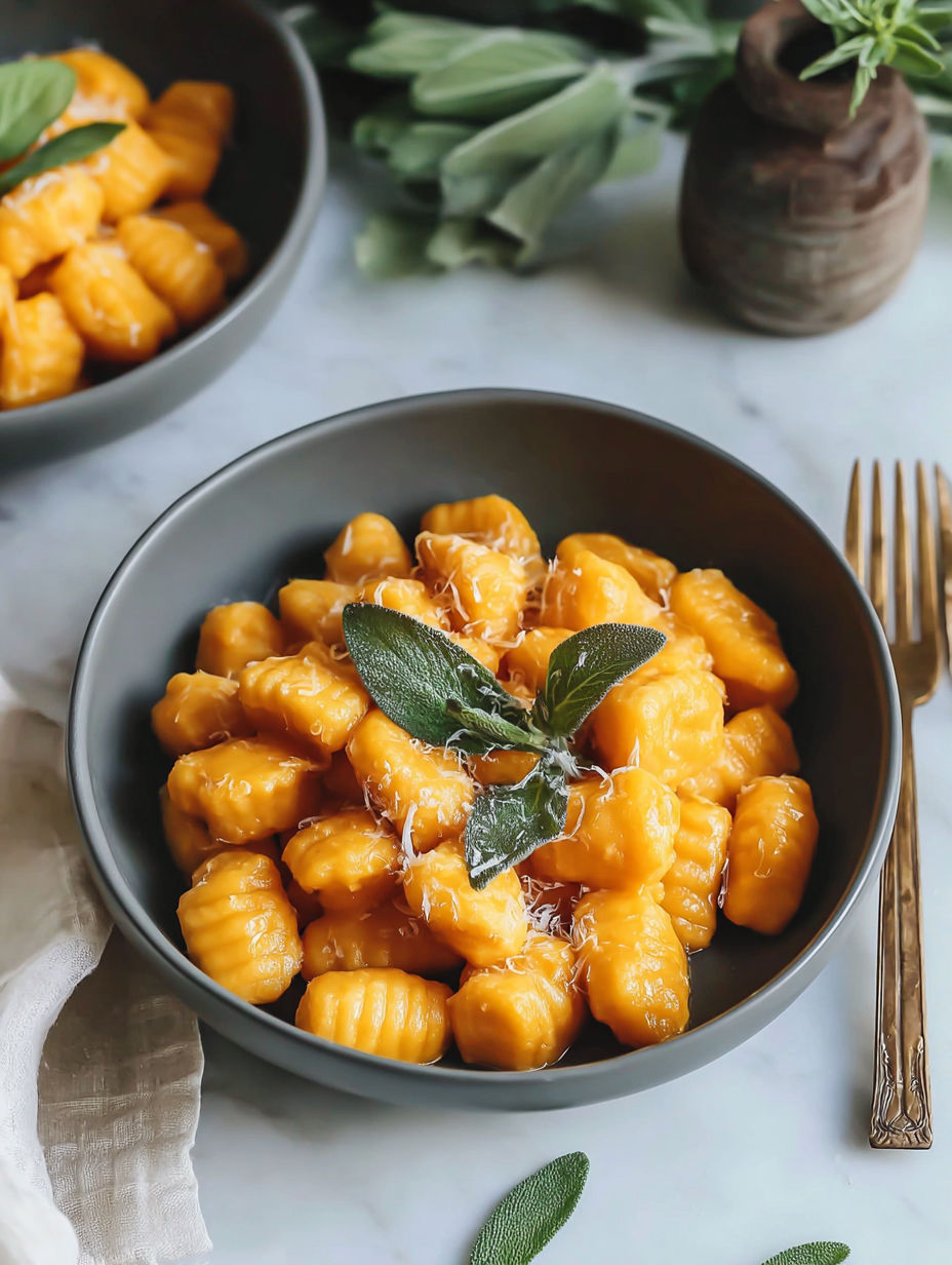 A bowl of pasta with a green leaf on top.