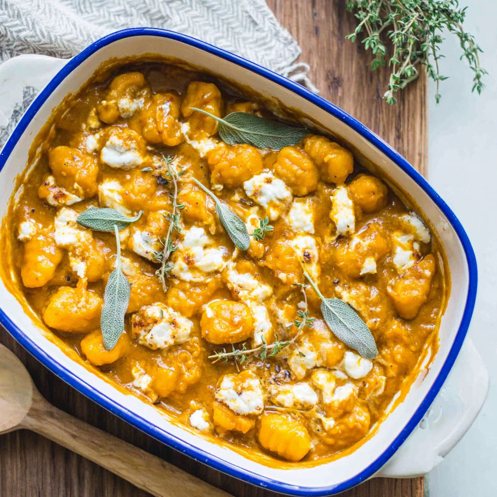A bowl of pumpkin gnocchi bake with white cheese on top.