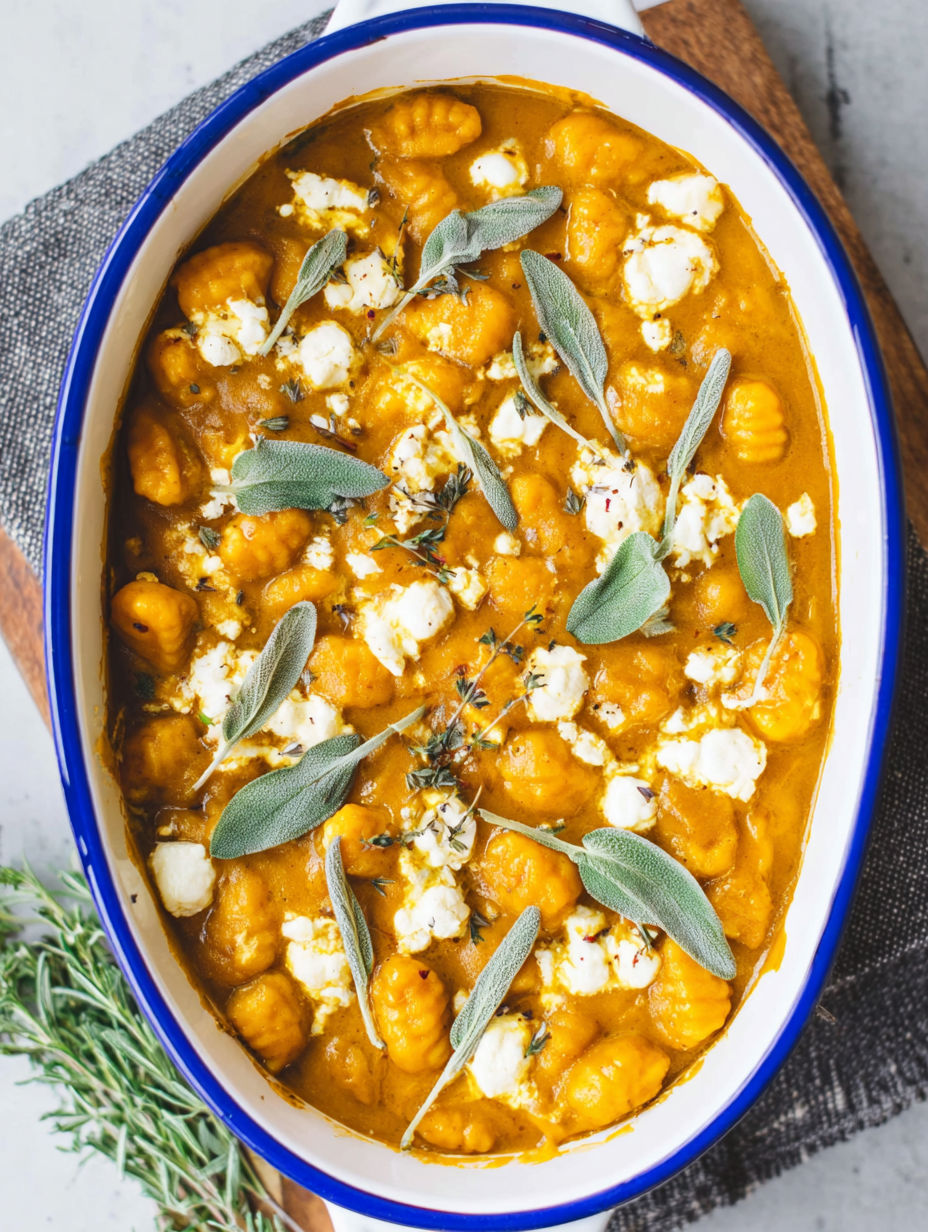 A bowl of pumpkin gnocchi bake with cheese and herbs.
