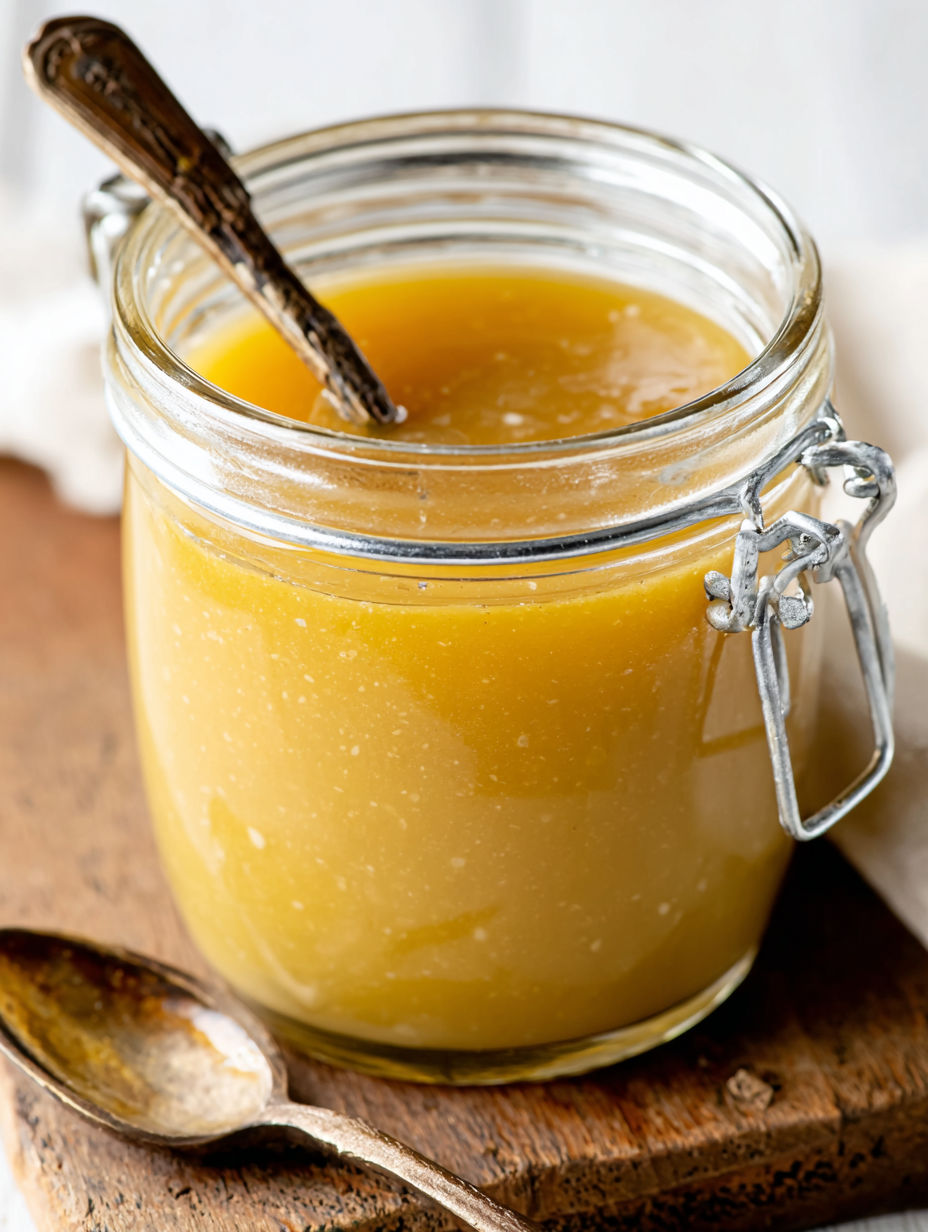 A jar of spiced pear and apple cider reduction dressing.