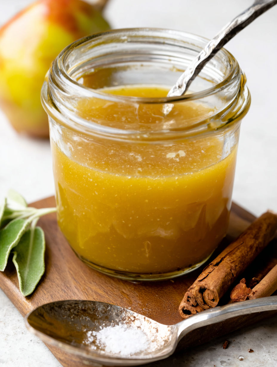 A jar of spiced pear and apple cider reduction dressing.