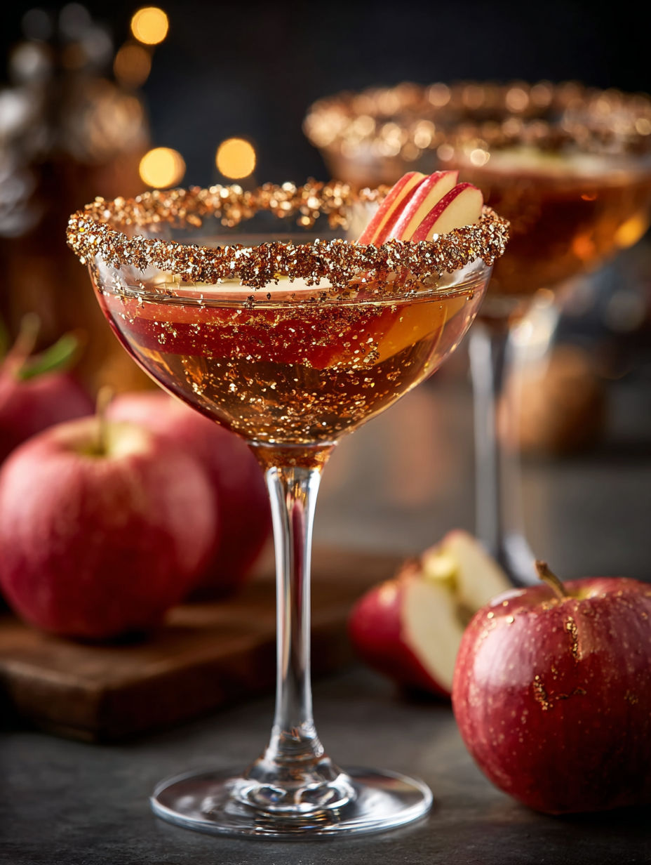 A glass of Cursed Apple Martini with a slice of apple.