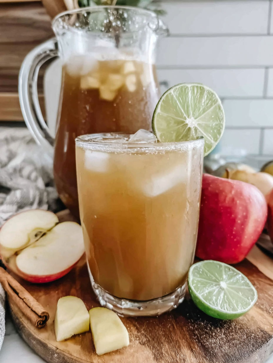 A pitcher of apple cider margarita sits on a table with a glass of the drink.