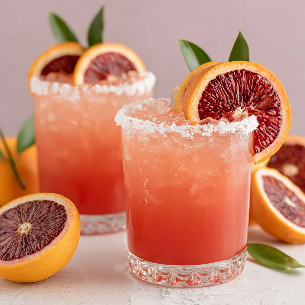 Two glasses of blood orange margarita with slices of blood orange.