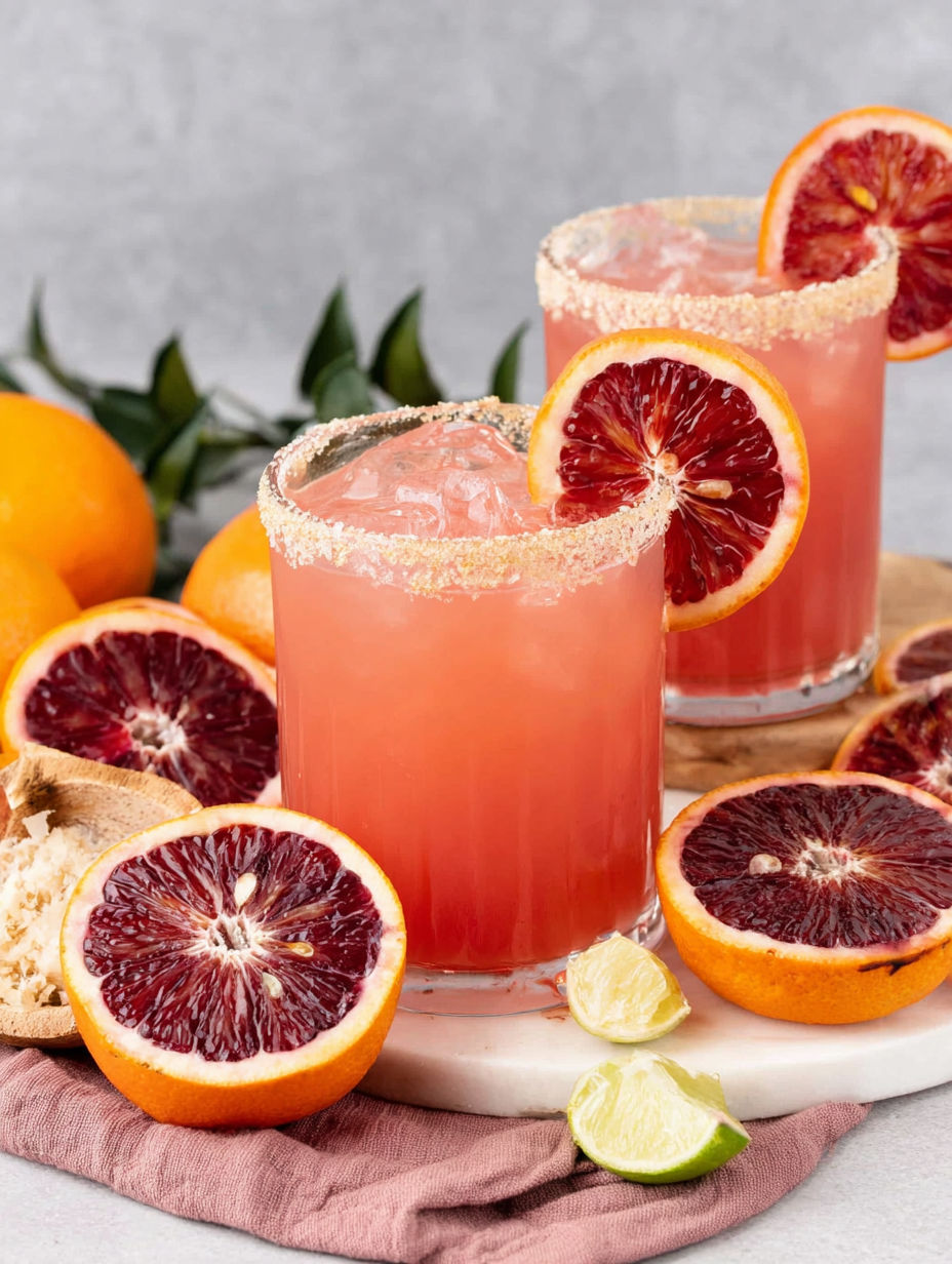 Two glasses of blood orange margarita with orange slices on the side.