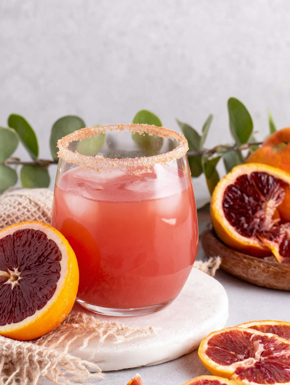 A glass of blood orange smoothie with a slice of orange on the side.