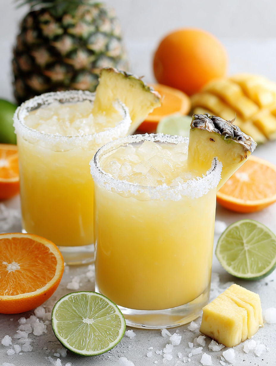 Two glasses of Cinco De Drinko are on a table.