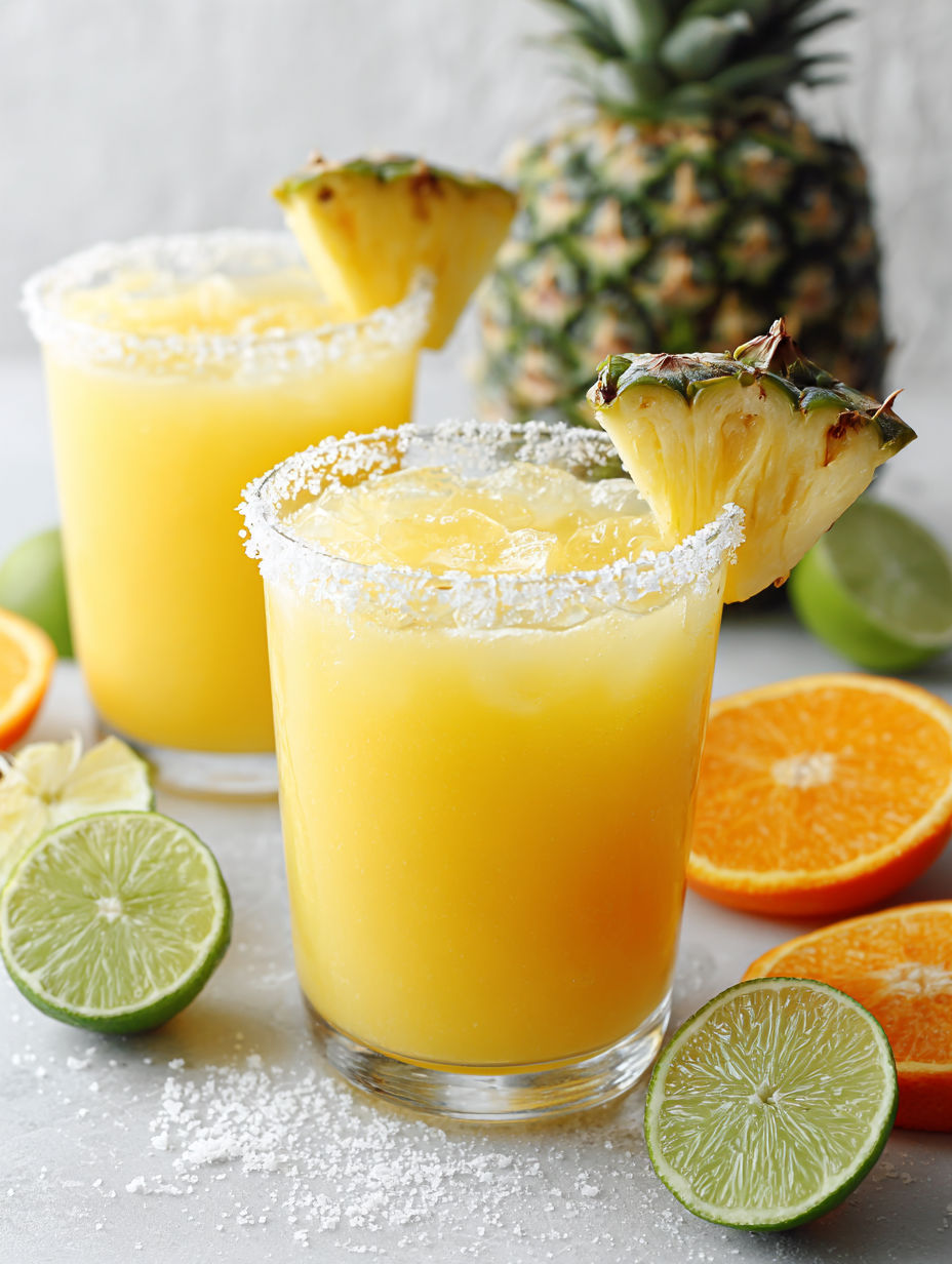 Two glasses of Cinco De Drinko are on a table.