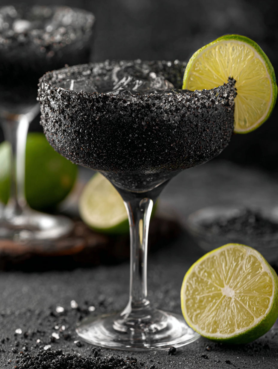 A glass of black margarita with lime.