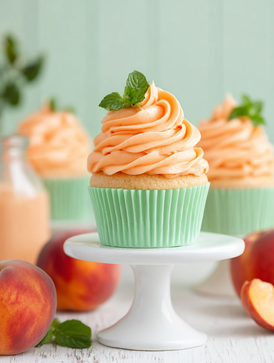 A cupcake with peach purée buttercream on a plate.