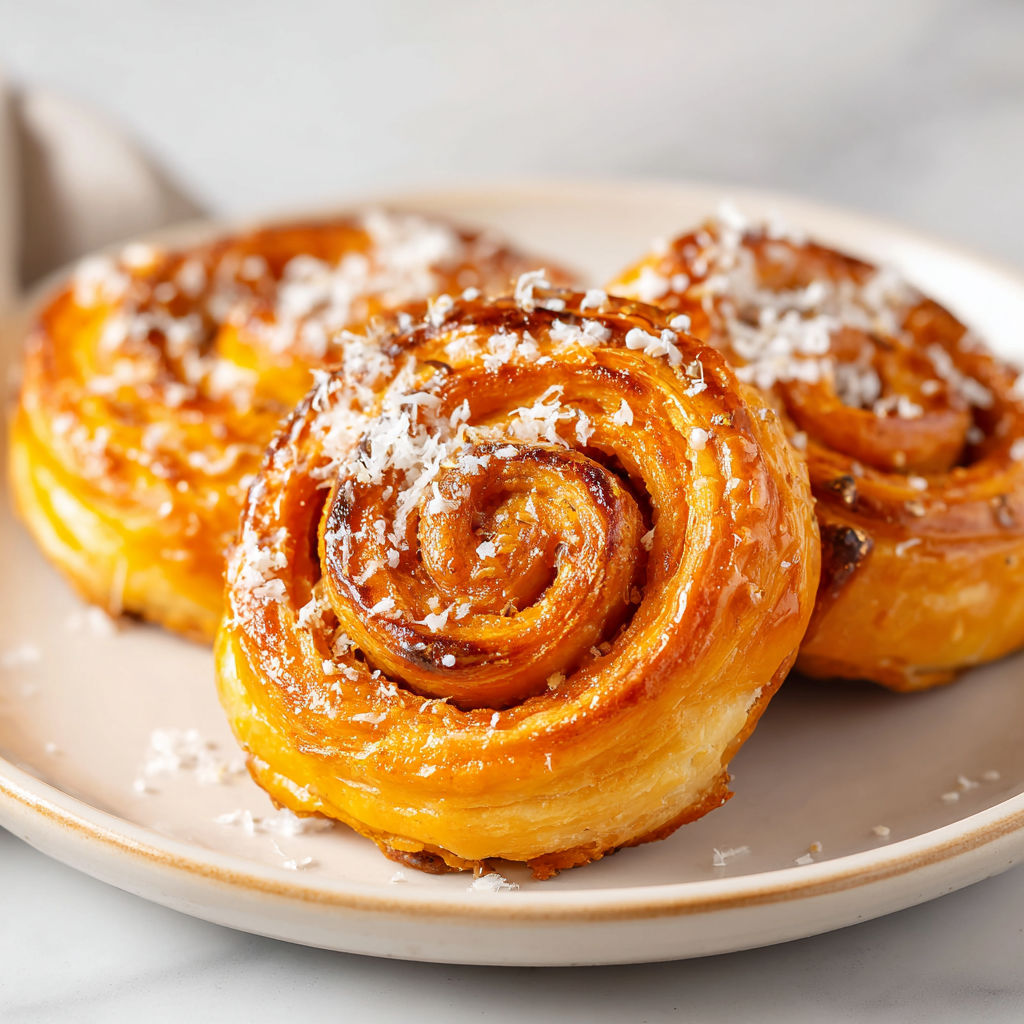 Two pumpkin puff pastry pinwheels on a plate.