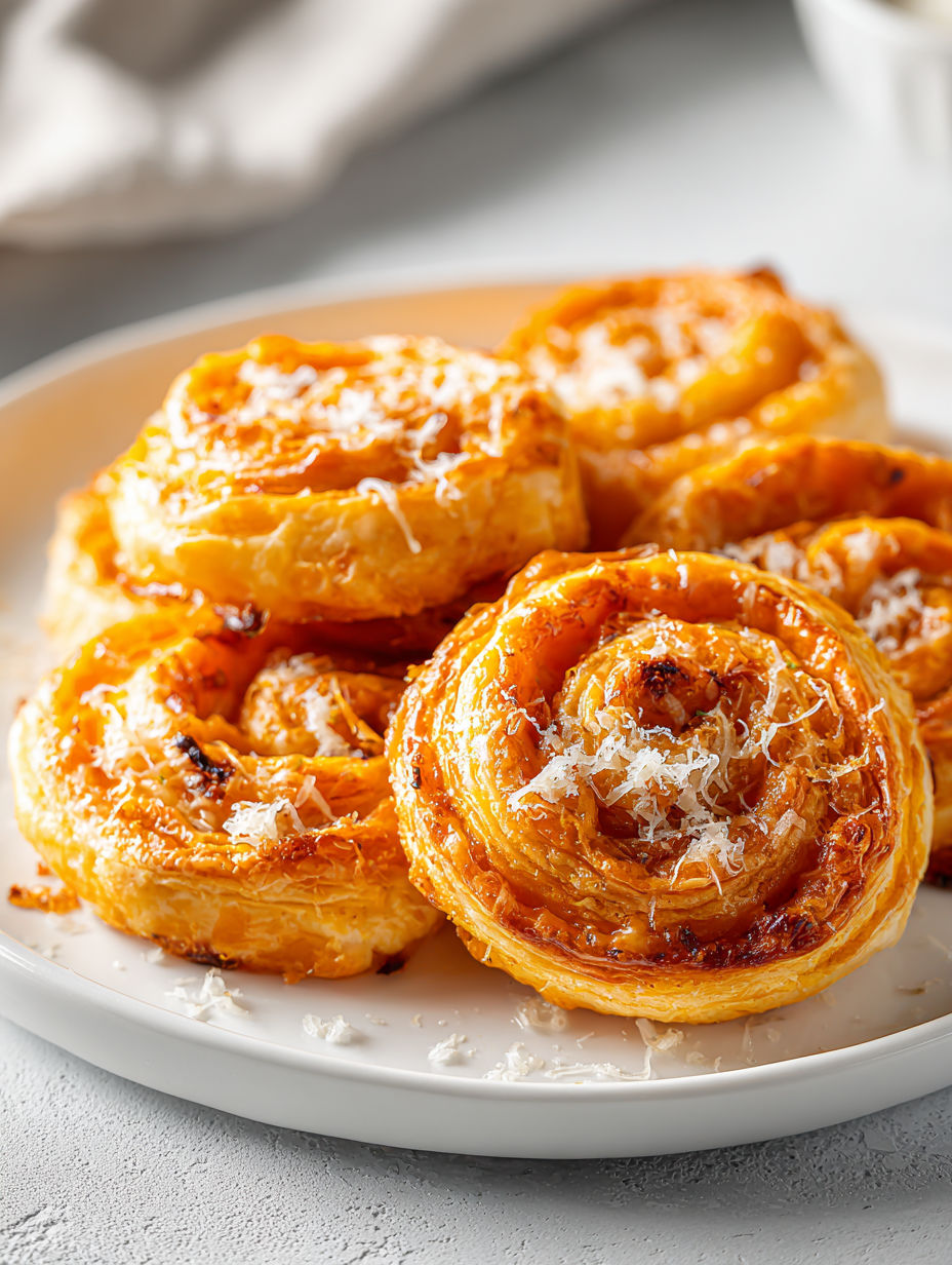 A plate of pumpkin puff pastry pinwheels.