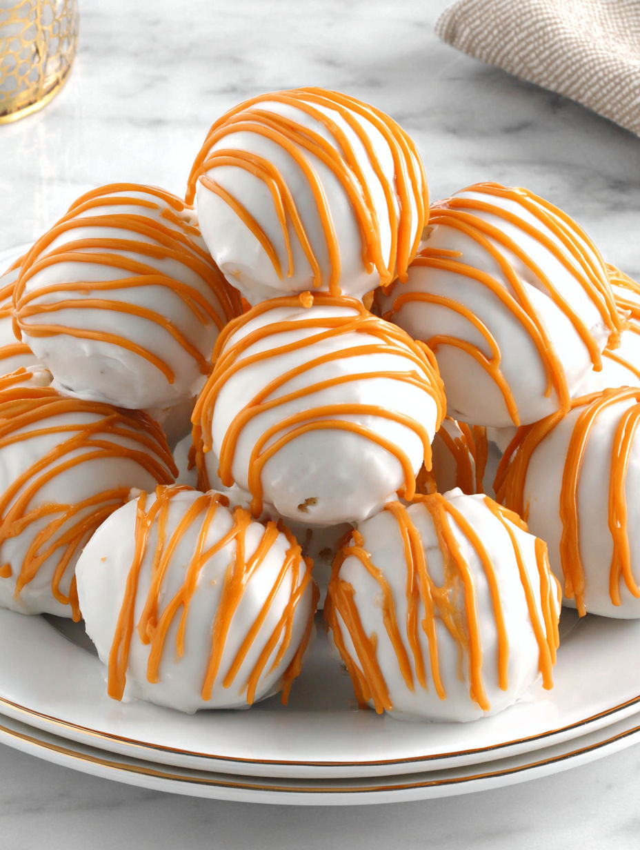 A plate of pumpkin cheesecake balls with orange icing.