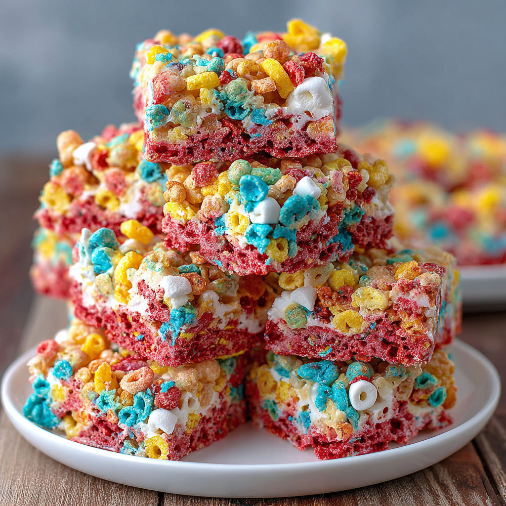 A stack of Fruity Pebbles Marshmallow Treats.