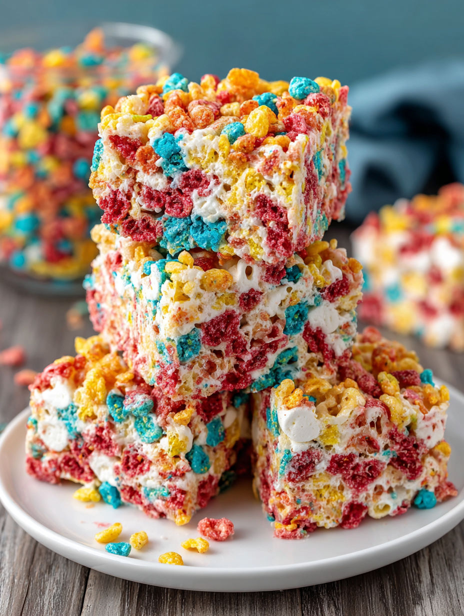 A stack of Fruity Pebbles Marshmallow Treats.