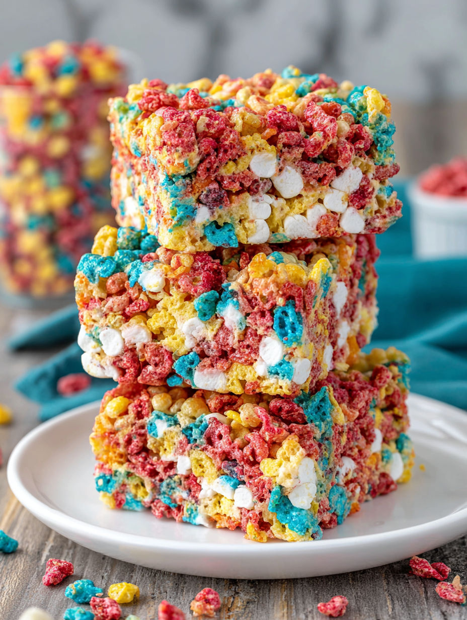 A stack of Fruity Pebbles Marshmallow Treats.