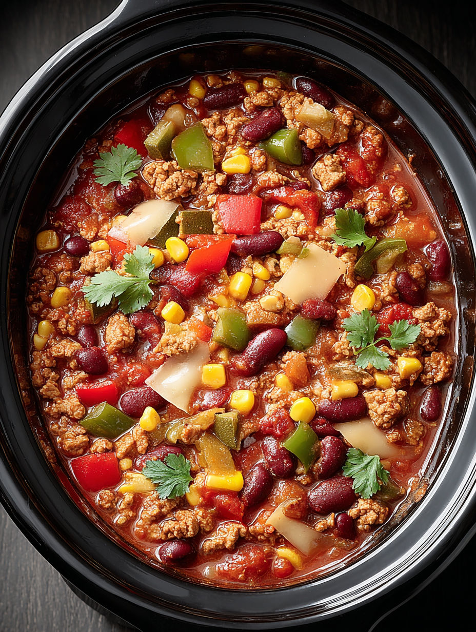 A crockpot filled with turkey and vegetable chili.