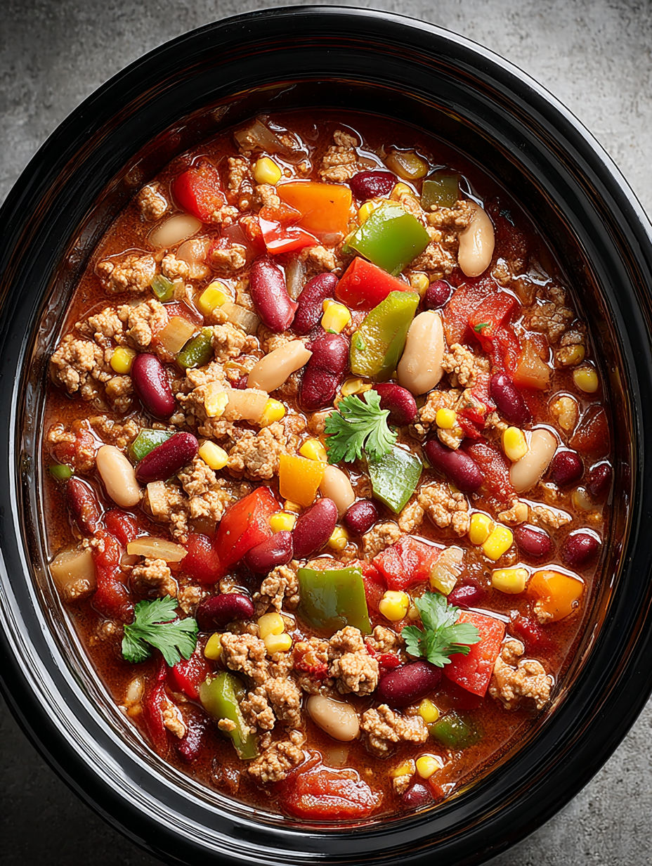 A bowl of chili with meat and vegetables.