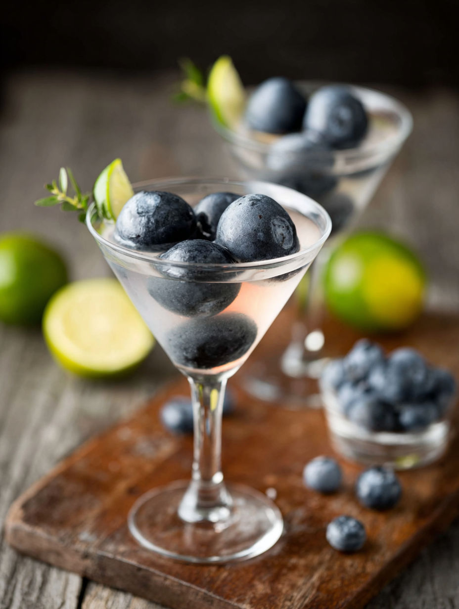 A glass of blueberries in a martini glass.