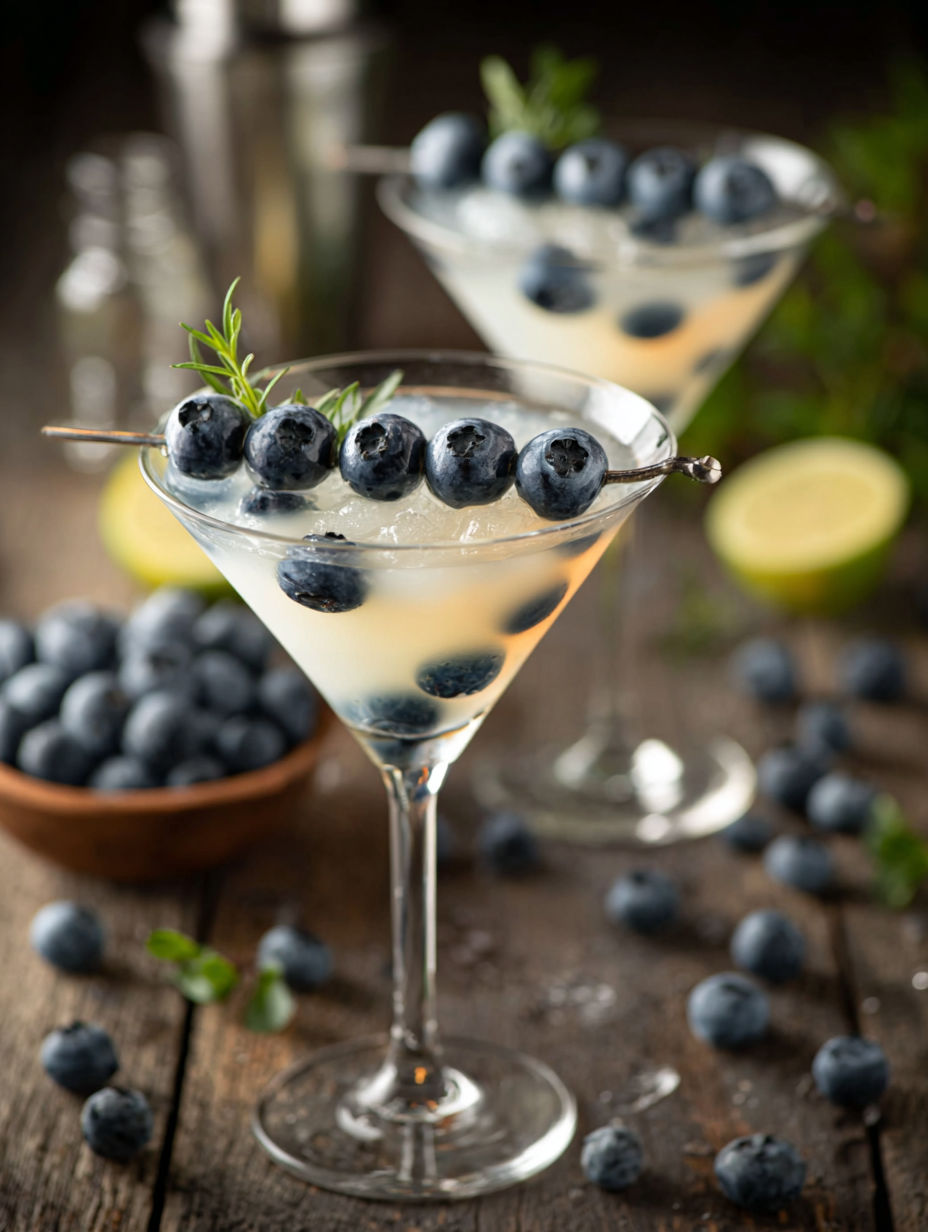 A glass of blueberries and a martini.