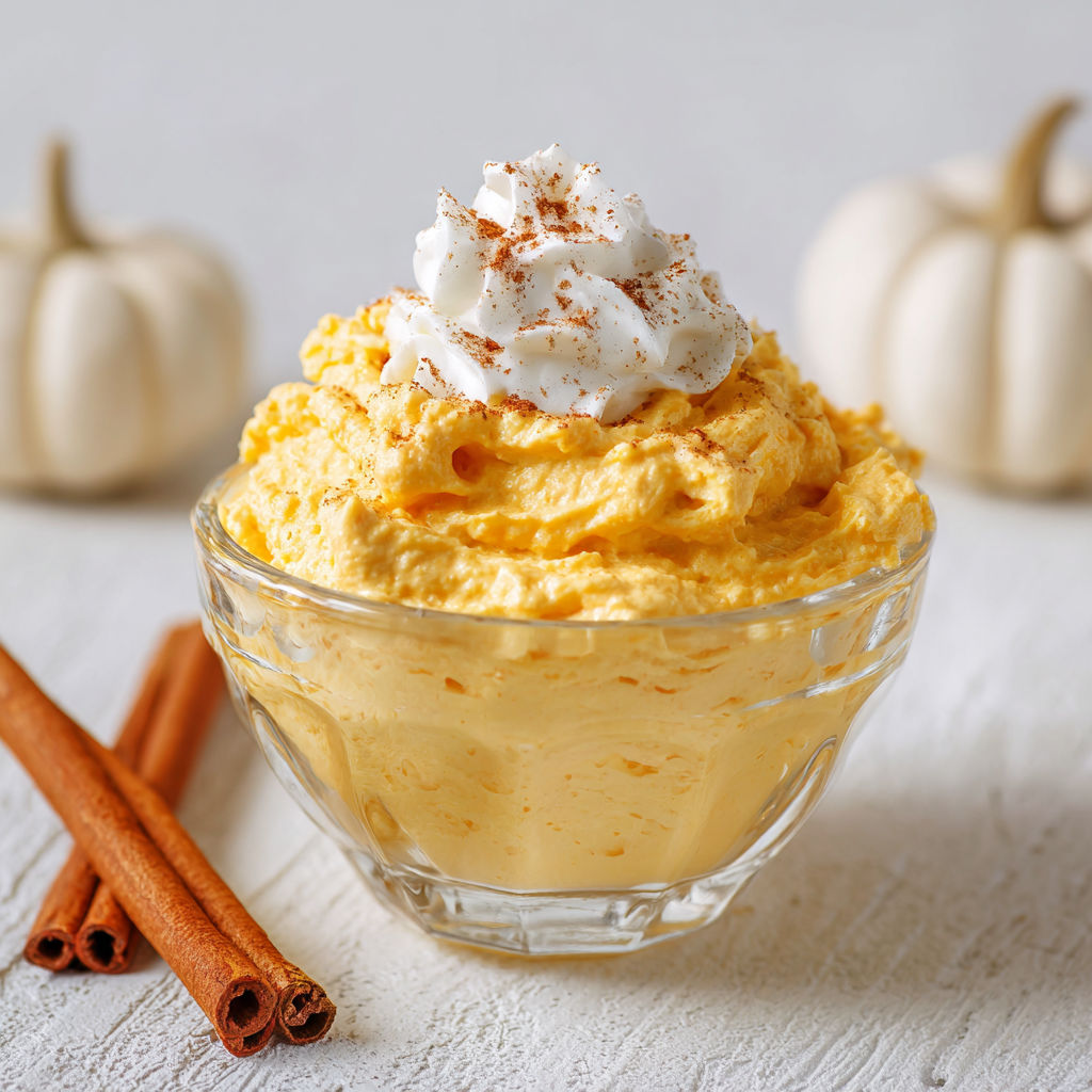 A bowl of pumpkin fluff dip with whipped cream on top.