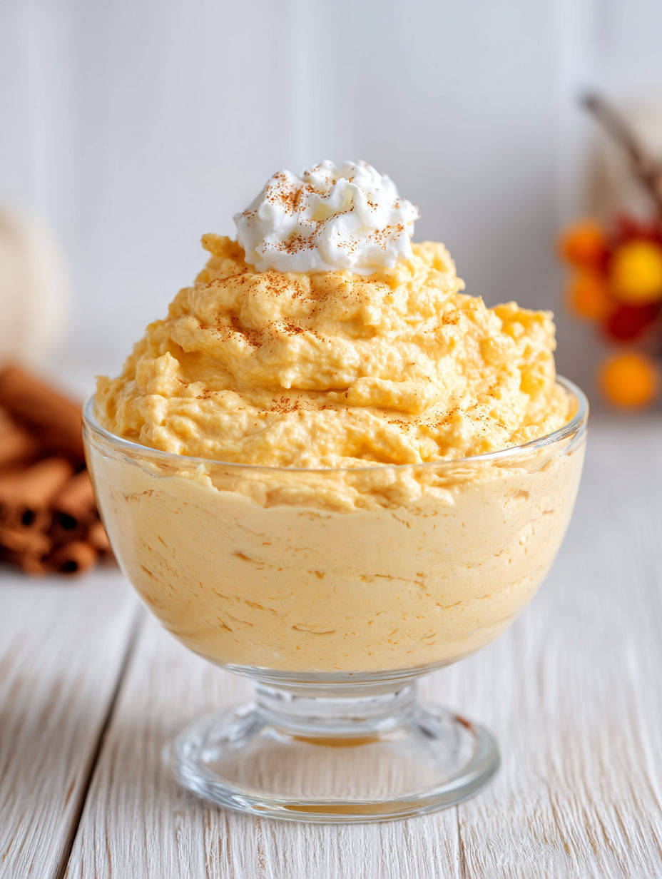 A bowl of pumpkin fluff dip with whipped cream on top.