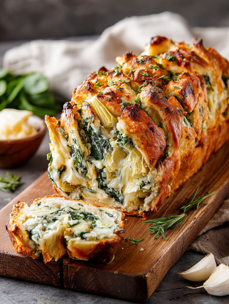 A vegan spinach and artichoke pull-apart bread.
