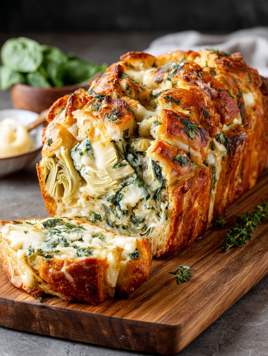 A vegan spinach and artichoke pull-apart bread.