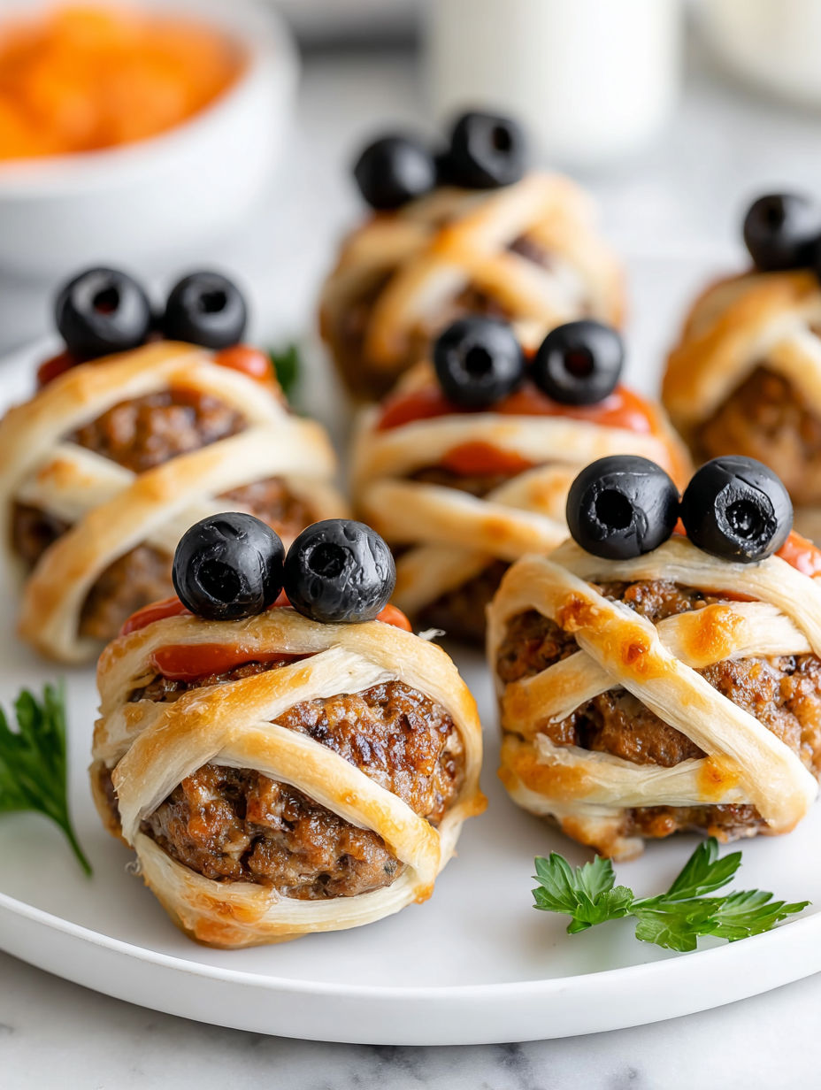 Halloween mummy meatballs on a plate.