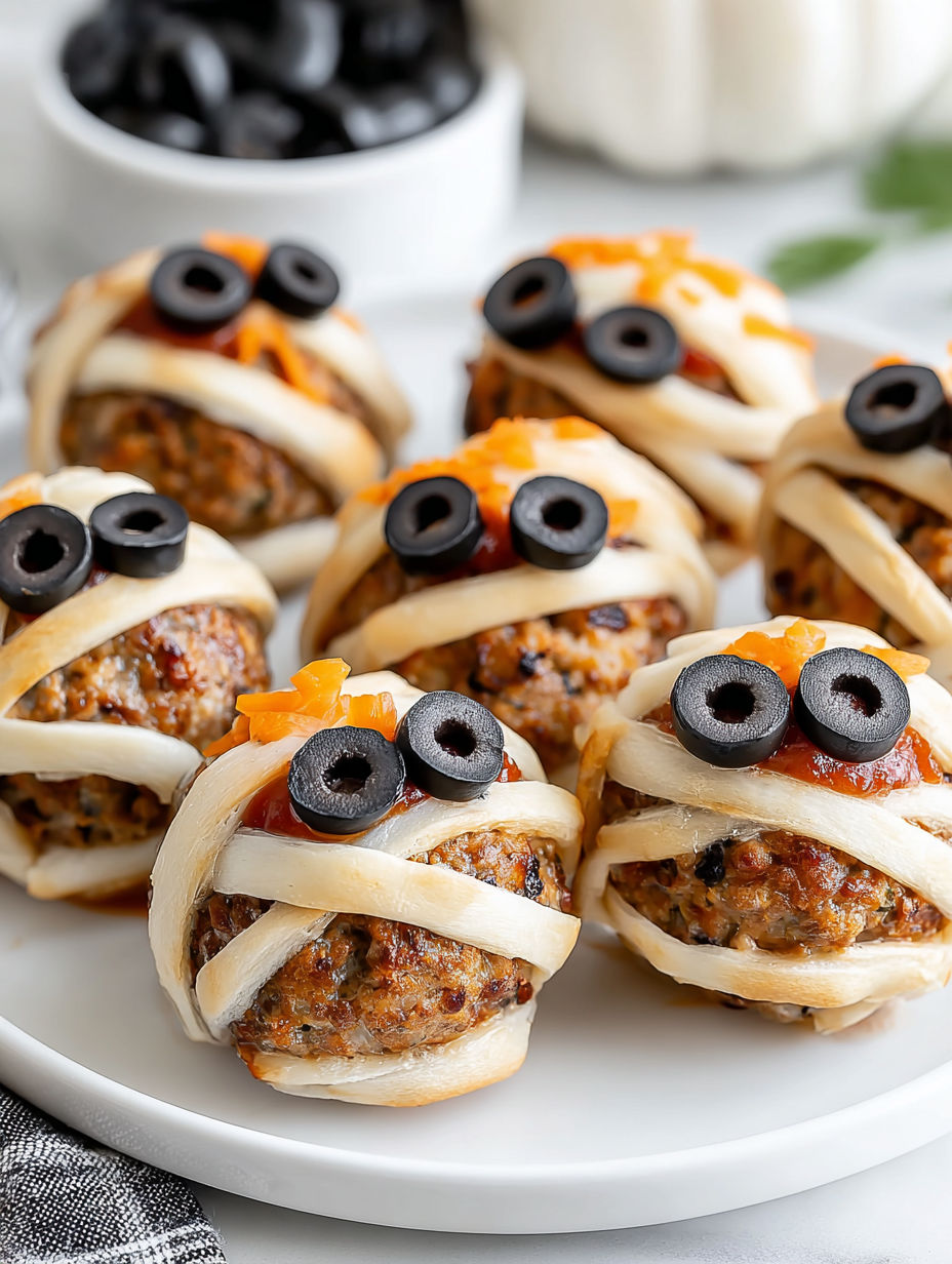 A plate of meatballs with black olives and orange sauce, decorated to look like mummies.