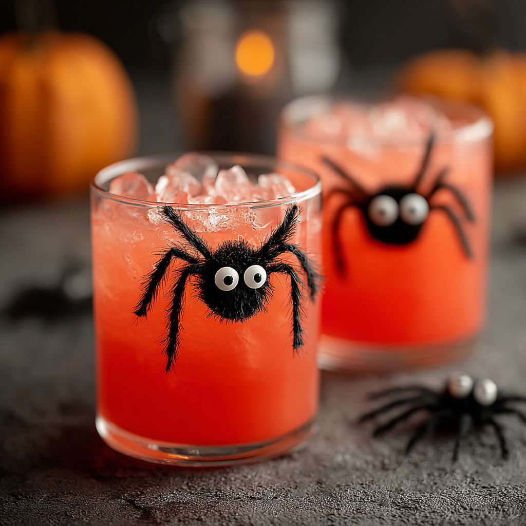 Two glasses of pink drink with spiders on them.