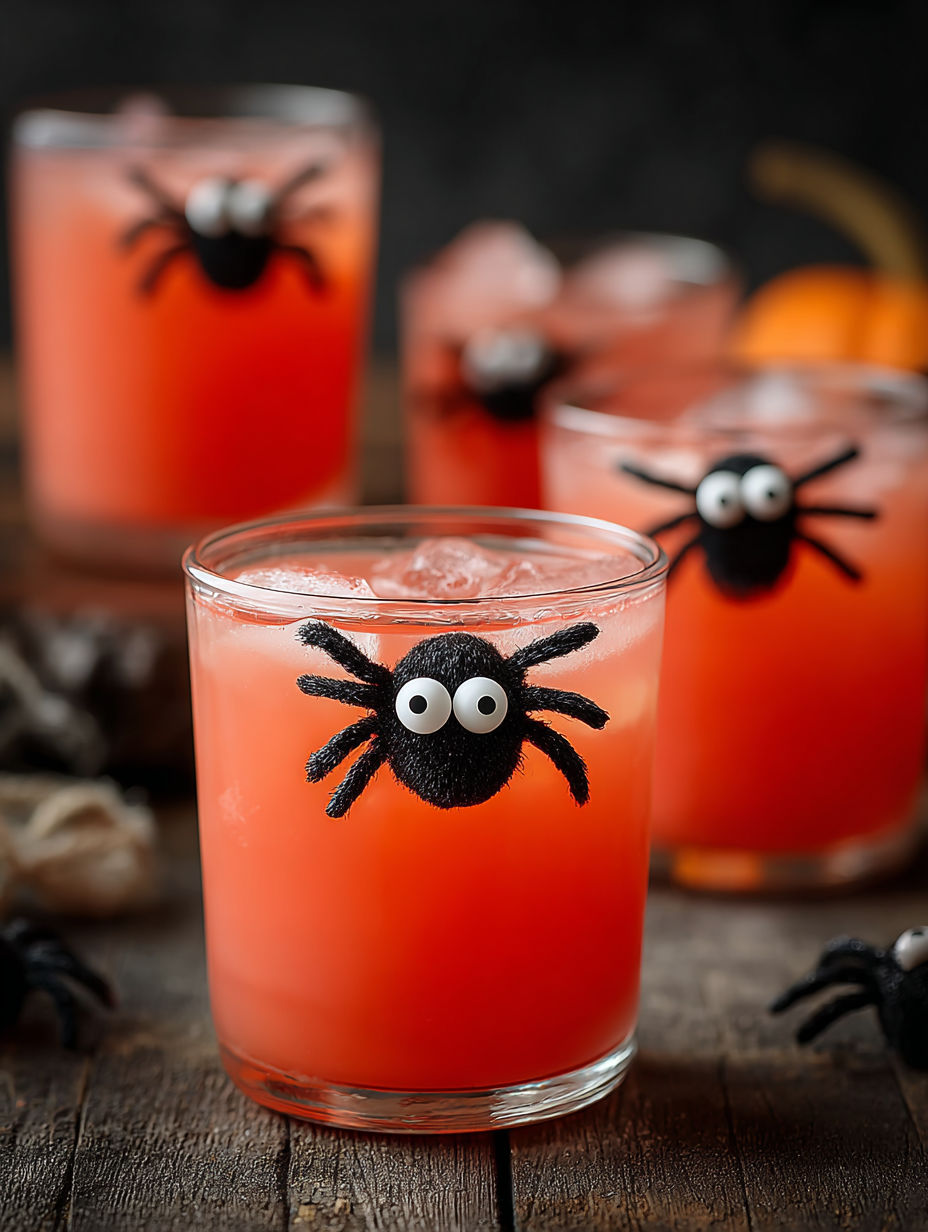 A glass of pink drink with a spider on it.