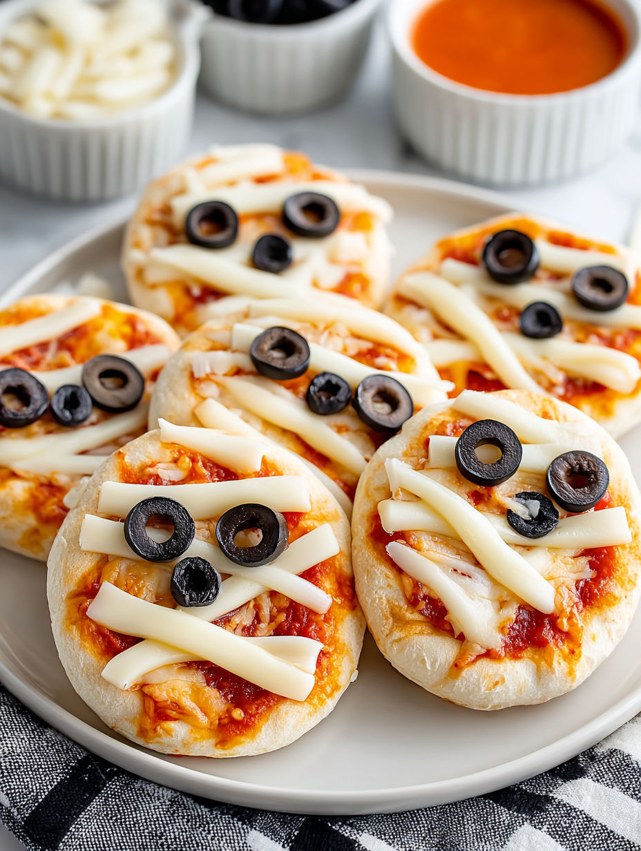 Mini pizzas with olives and cheese.