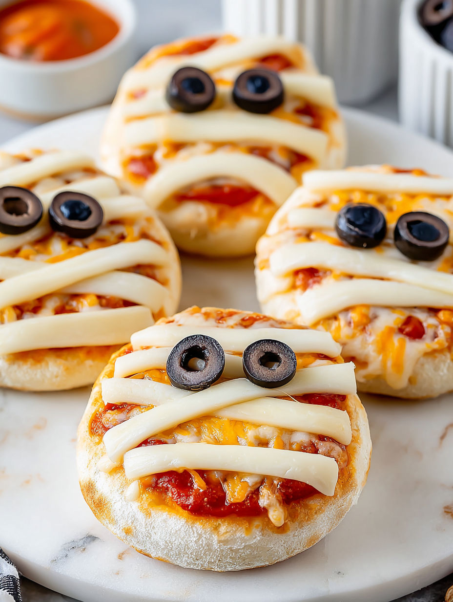 Mini mummy pizzas with olives and cheese.
