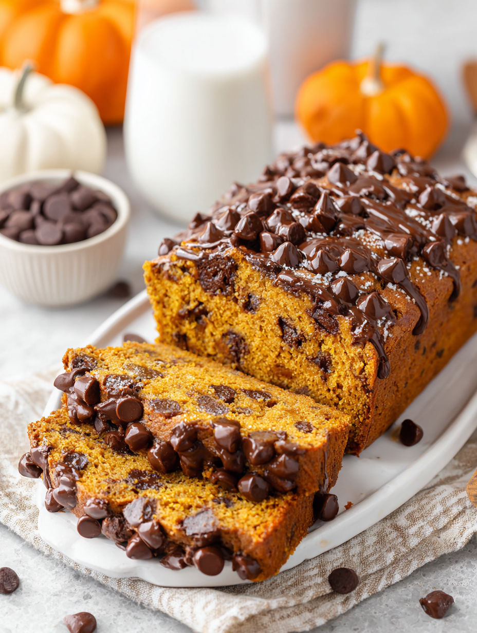 A slice of chocolate chip pumpkin bread with brown butter.