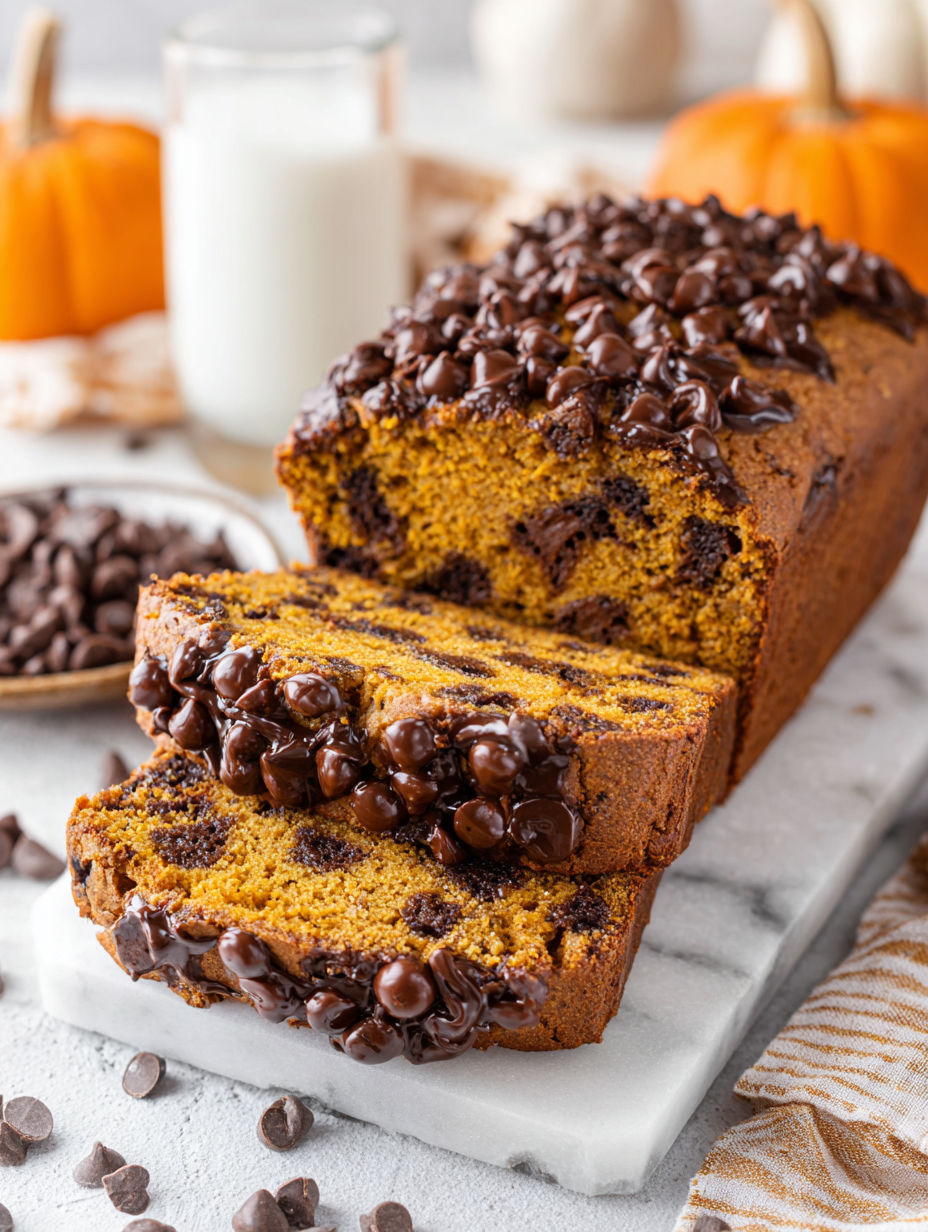 A slice of chocolate chip pumpkin bread with brown butter.