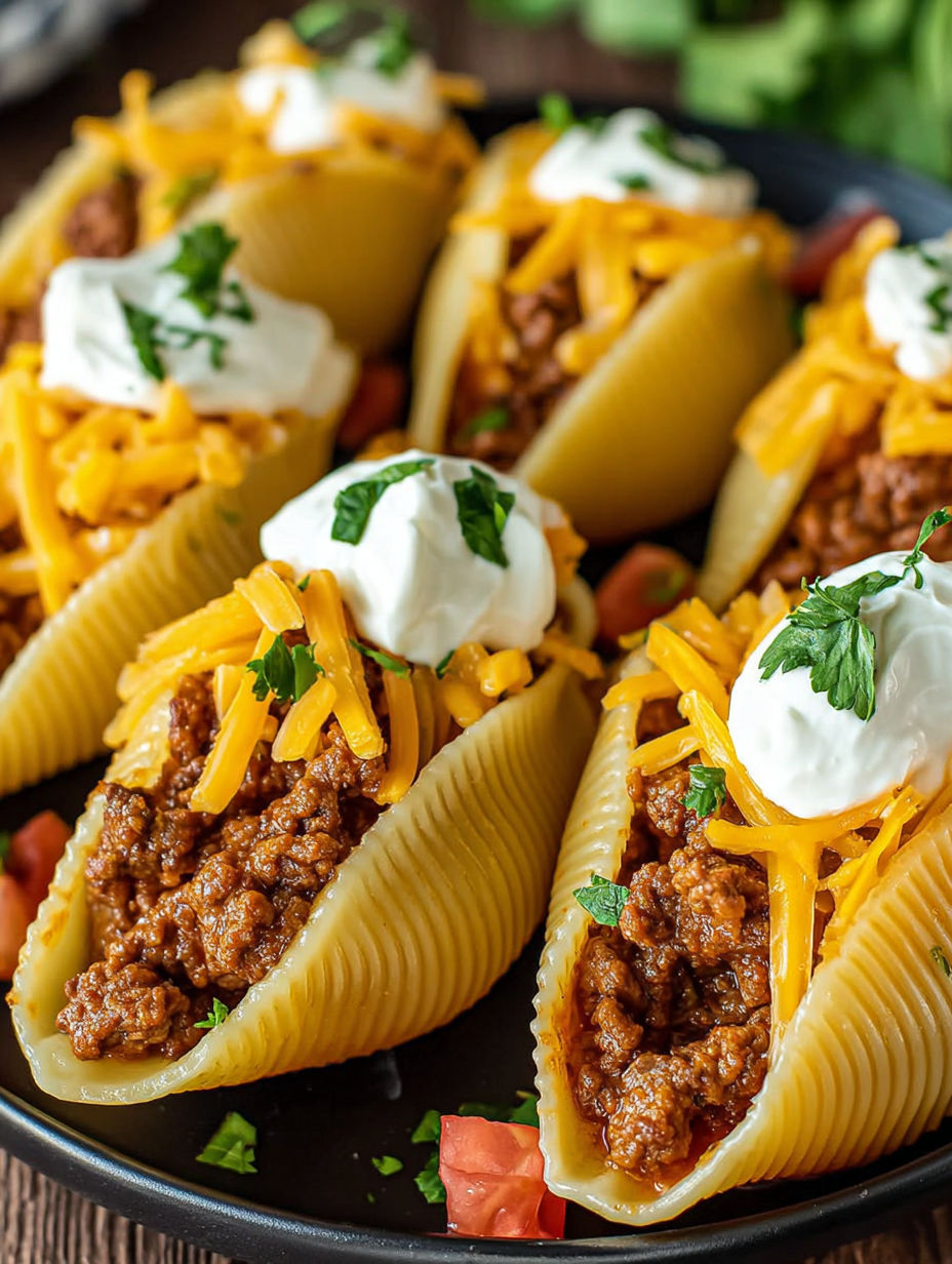 A plate of taco stuffed shells with cheese and tomatoes.