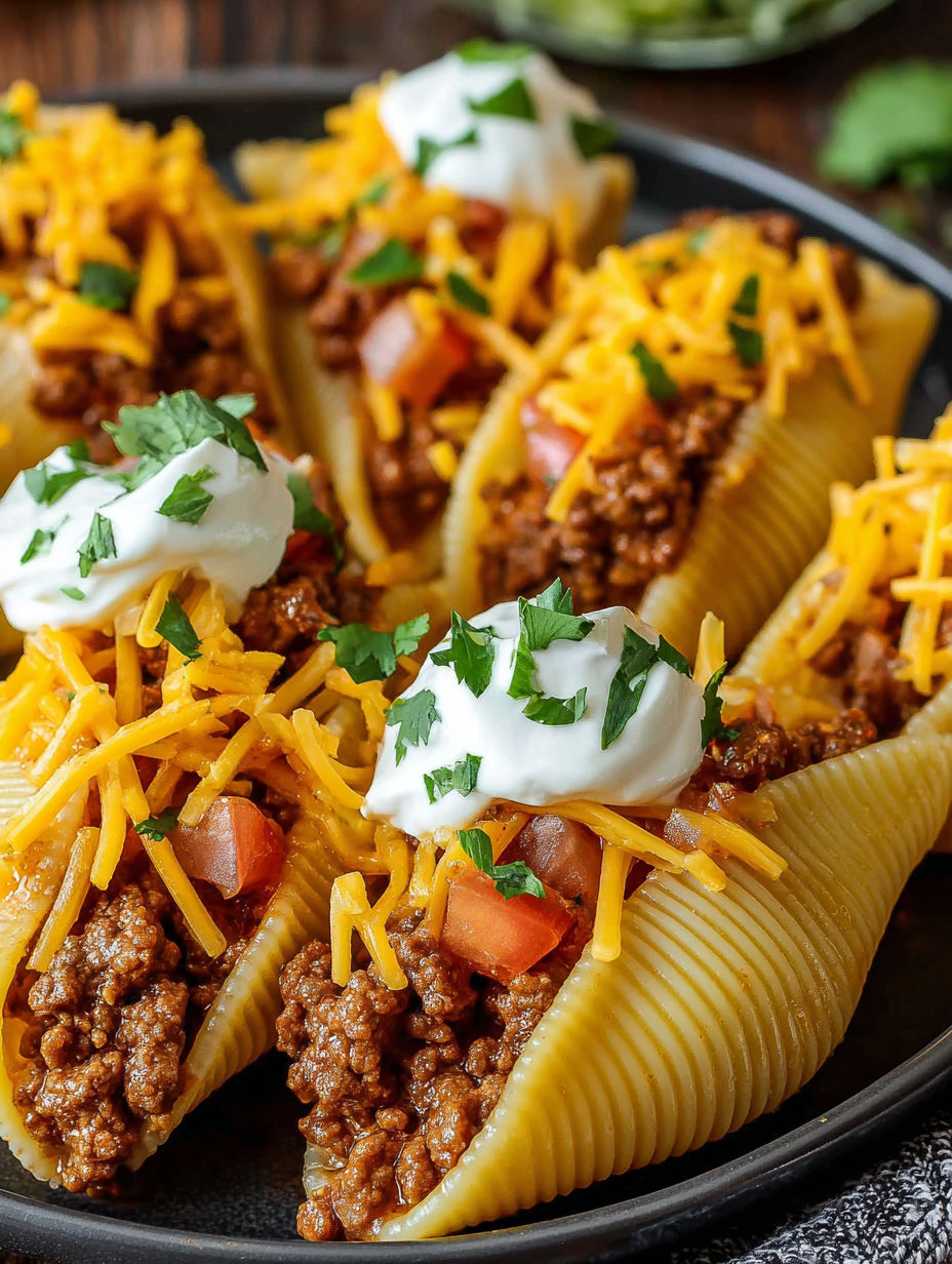 A plate of taco stuffed shells with cheese and tomatoes.