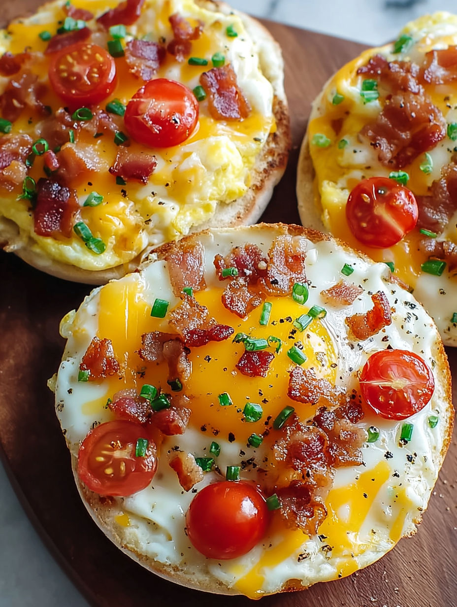 A breakfast pizza with eggs, tomatoes, and bacon.