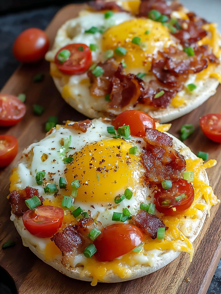 A breakfast pizza with tomatoes, bacon, and an egg on top.