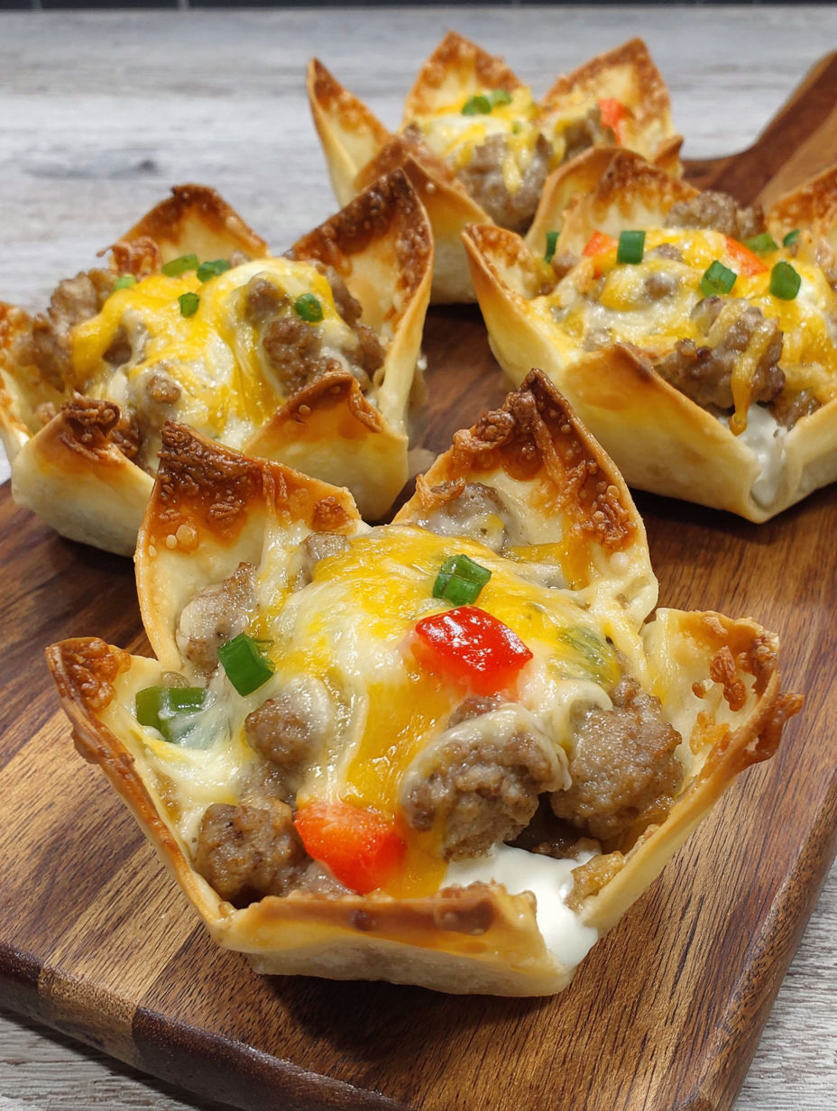 Cheesy sausage wonton cups on a wooden platter.