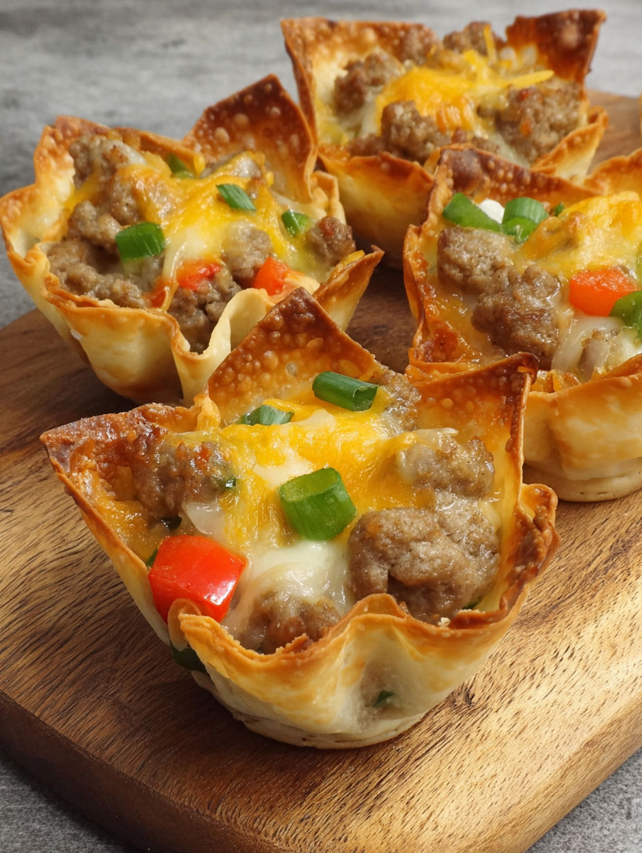 Cheesy sausage wonton cups on a wooden table.