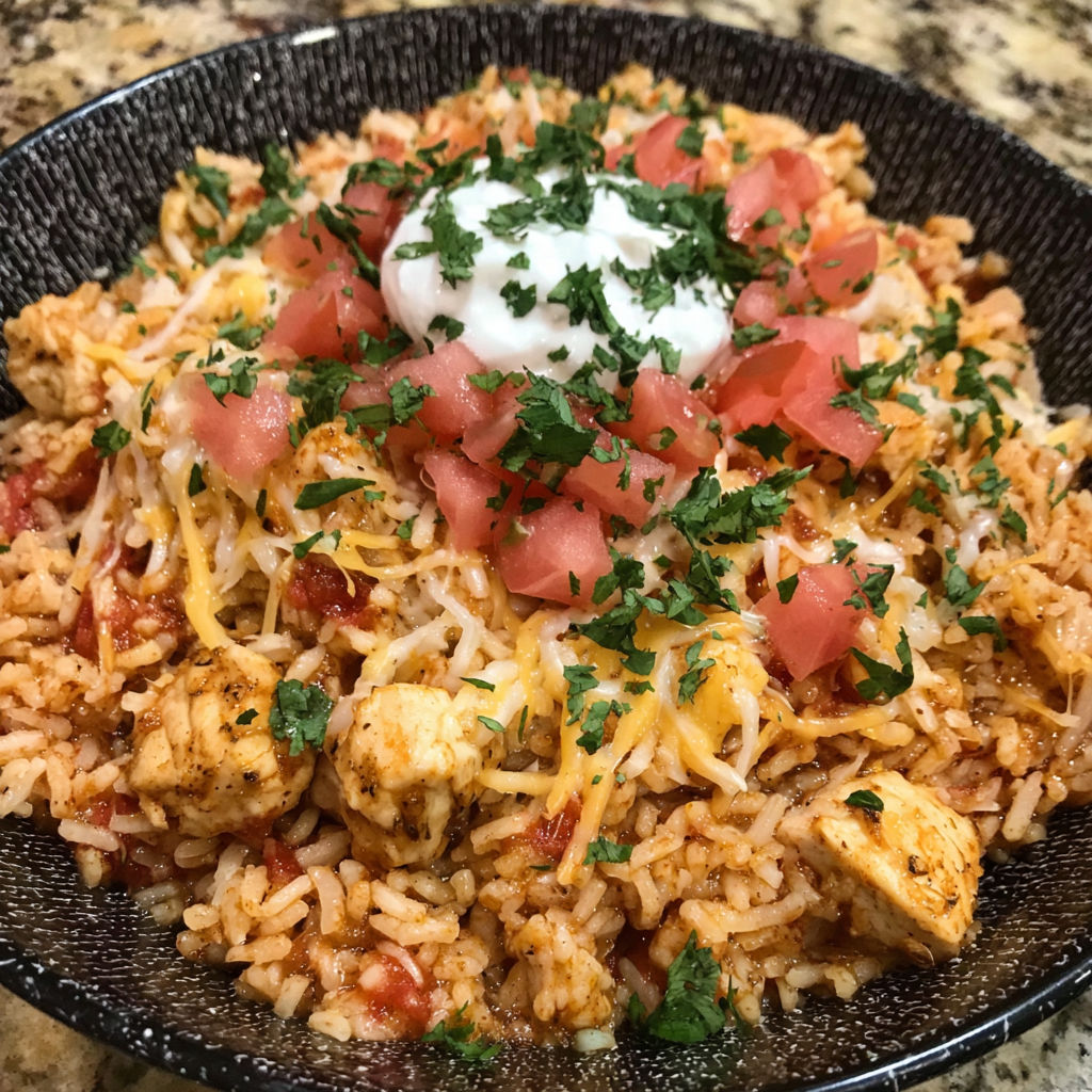 A bowl of cheesy chicken taco rice.