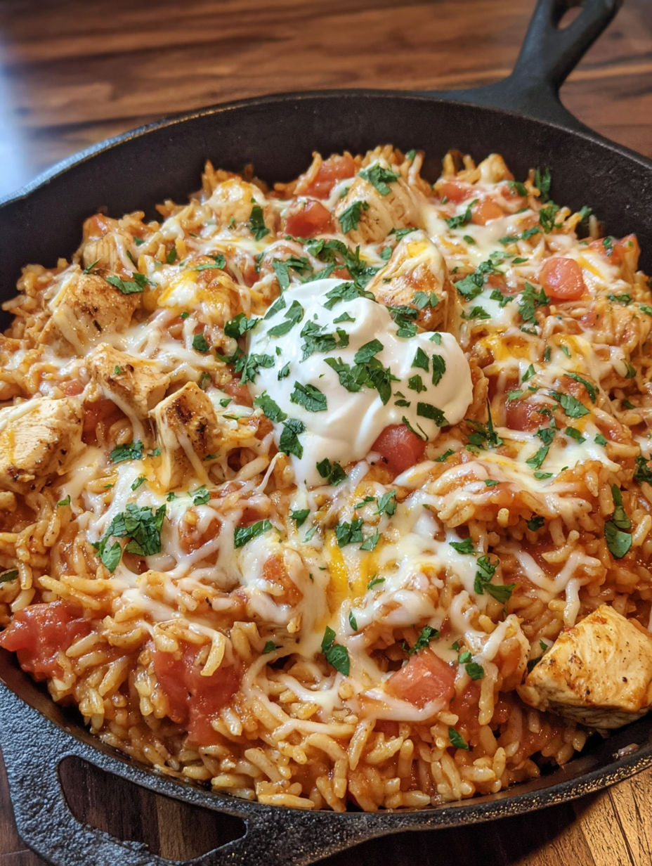 A delicious cheesy chicken taco rice dish.